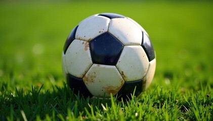 Obraz premium Close-up view of worn soccer ball, grass stains visible, training, equipment, close-up