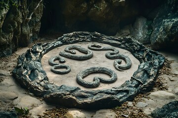 Mysterious arrangement of coiled snakes within a stone ritual circle in a dark cave