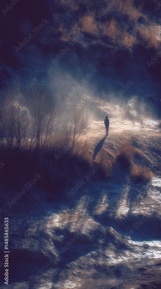 Poster solitude on a path through a misty landscape.