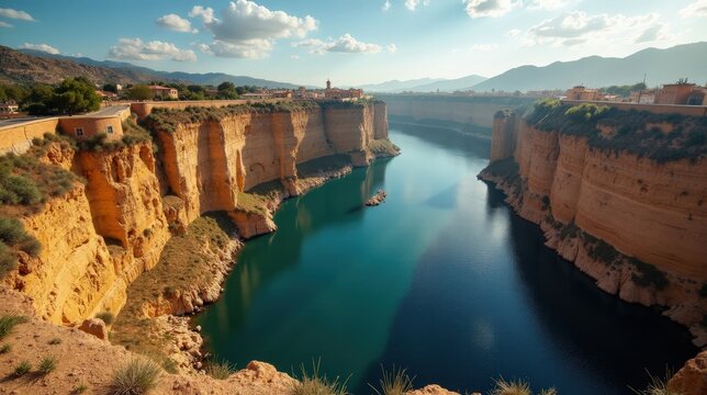 Panoramic view of sunlit Hoces de Cabriel canyons under a clear midday sky.