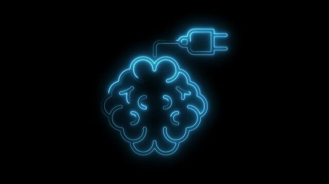Glowing neon brain connected to an electrical plug artificial intelligence concept