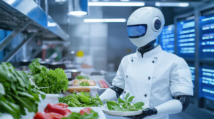 Robot chef preparing gourmet meal in modern kitchen, showcasing advanced technology and culinary skills