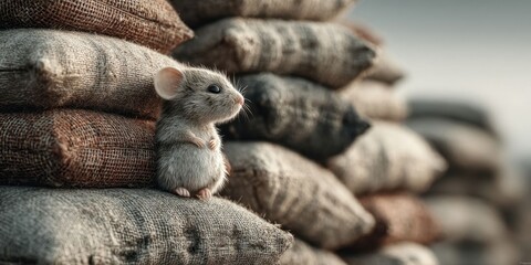 Fototapeta premium Close-Up of Gray Rat Near Grain Sacks Outdoors