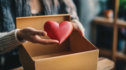 A woman holding a red heart in a cardboard box
