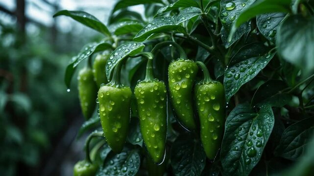 Padron pepper plant featuring green peppers on the bush adorned with water droplets. Growing and ripening of peppers. Garden vegetables, agriculture. Side view. Close-up shot. Soft
