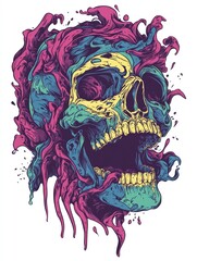 Vibrant skull design surrounded by abstract fluid patterns.