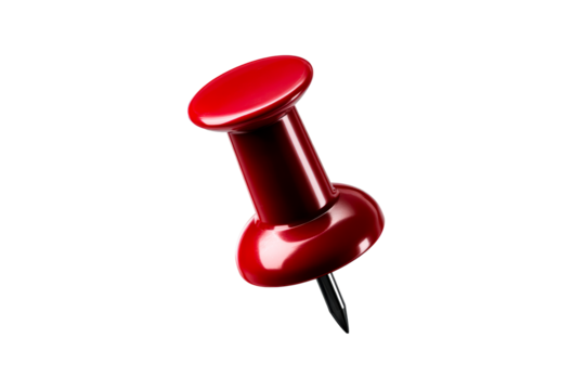 Bright red push pin with a smooth finish on a transparent background