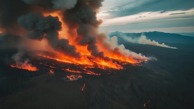 Overview of forest fire in taiga with smoke and haze over mountains, Khorinsk, Russia from the air