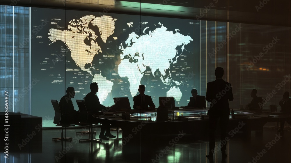Poster a group of people are sitting at a table in front of a large screen that shows a
