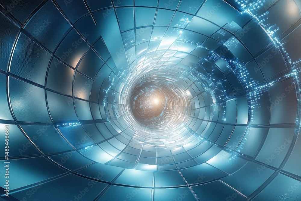 Poster futuristic digital tunnel with glowing blue panels and a bright light at the center creating a sense