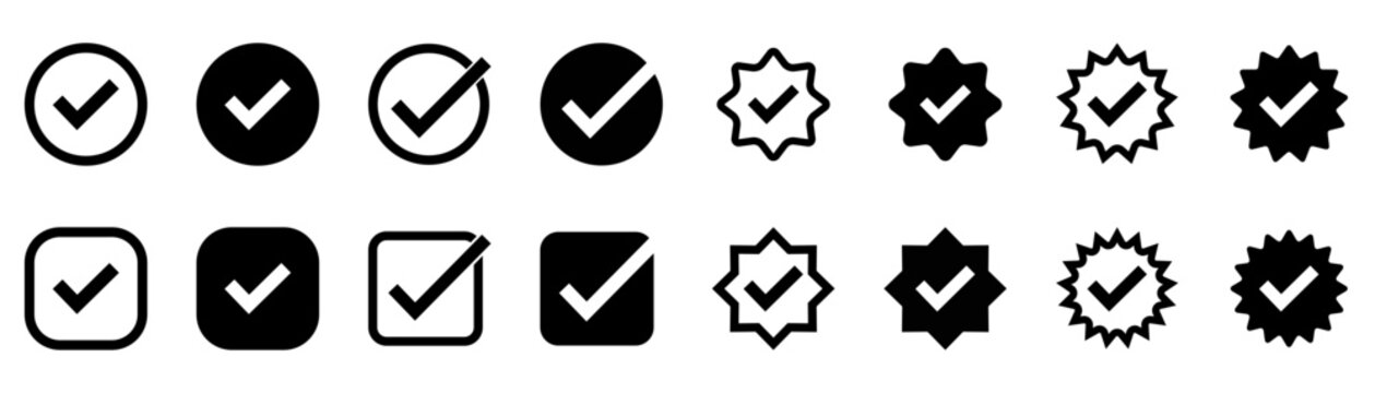 Black check mark icons set. Checkmark vector icon collection. Checked icon or correct choice sign. Check mark or checkbox pictogram. Vector illustration.