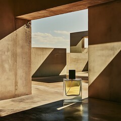 Elegant perfume bottle stands within a modernist architectural setting, capturing light and shadow