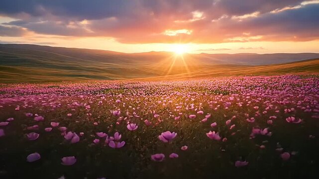 Scenic view of rolling hills and a vast field of pink flowers under a beautiful sunset