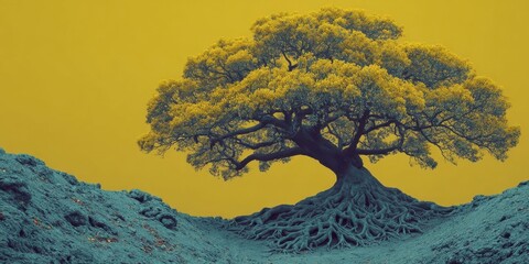 Vibrant Yellow Background with Expansive Tree and Intricate Roots Symbolizing Strength and Connection