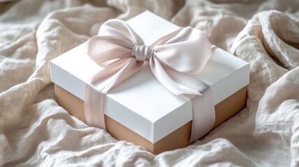A white box with a bow on top of a white blanket