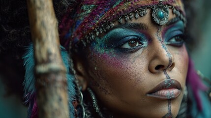 Close-up portrait of a woman with elaborate tribal makeup and adornments.