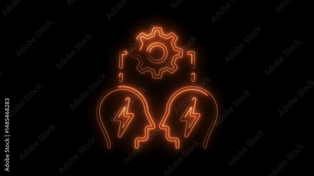 Poster neon brainstorming with gear symbol on black background creative problem solving concept