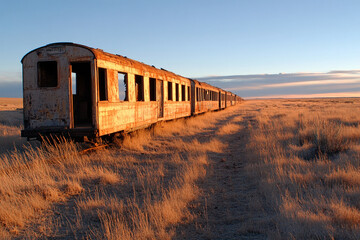 Obraz premium Forgotten train cars stand still in a golden field at sunset, covered in rust and memories of journeys long past