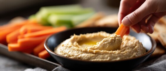 Closeup of a hand dipping a carrot stick into creamy hummus, surrounded by fresh vegetables and pita bread, concept of healthy eating and snacking