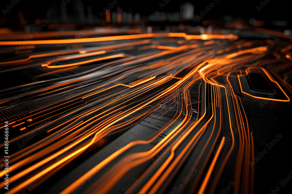 Poster vivid abstract circuit board design showcasing glowing tech elements against a dark background for f