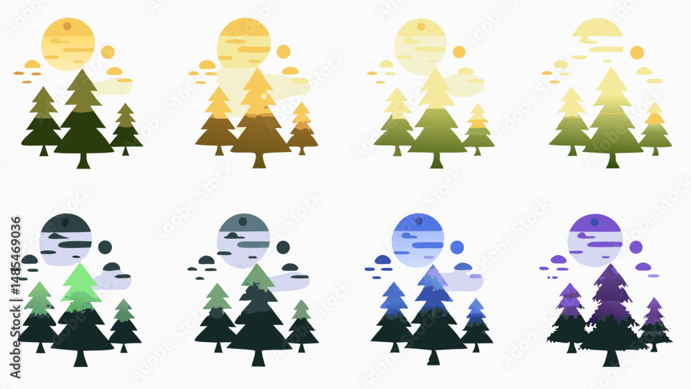 Aufkleber variations of stylized trees under a sun or moon with clouds in different color palettes shown