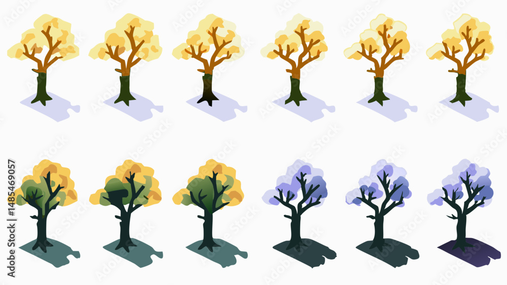 Aufkleber isometric view of stylized trees with varying foliage colors arranged in two rows on white backgroun