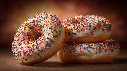 Delicious glazed donuts with colorful sprinkles stacked for sweet treat presentation