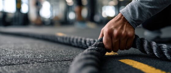 Closeup of a muscular adult mans hand gripping a thick black battle rope on a gym floor, showcasing strength and determination during a workout