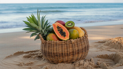 Basket of Tropical Fruits on Sandy Beach