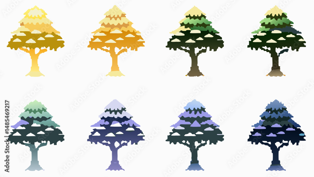 Poster collection of eight stylized trees with snow in different colors and arrangements on a white backgro