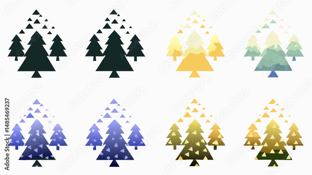 Aufkleber illustration of multiple tree designs in various colors arranged in rows on a white background artfu