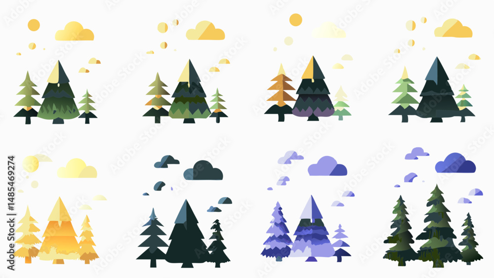 Poster a collection of stylized forest scenes featuring pine trees and clouds in varying color palettes and