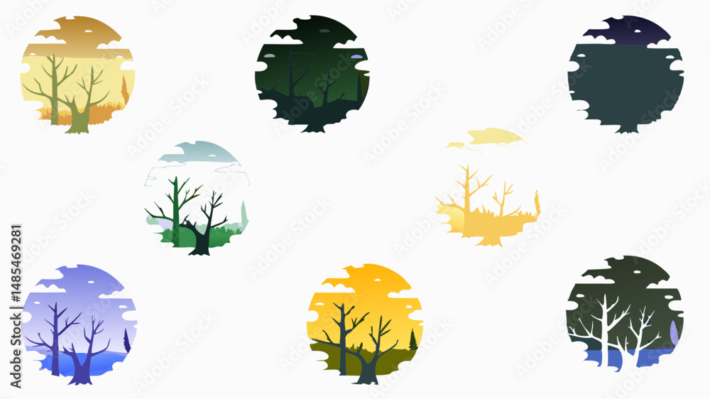 Poster collection of stylized tree landscapes in circular frames with various color palettes and cloud acce
