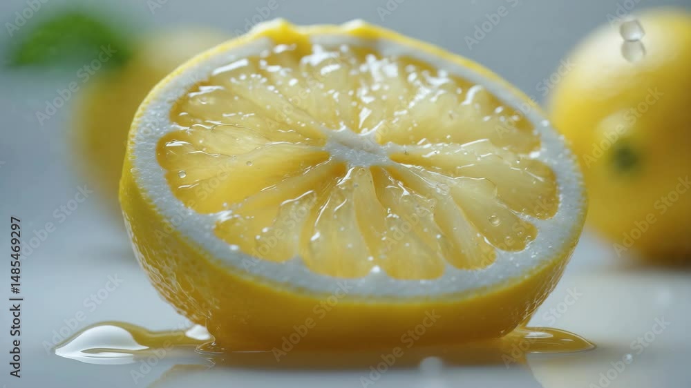 Aufkleber macro videography capturing a lemon slice on a backdrop. fresh and juicy lemon.