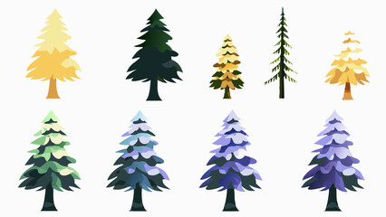 Illustration of various stylized pine trees with different colors and snow covered versions on white background