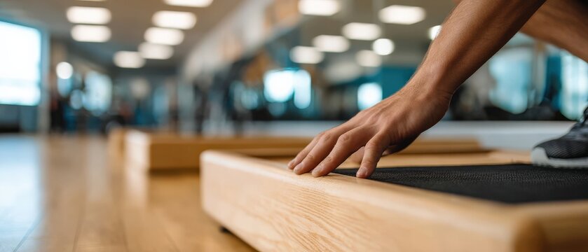 Closeup of adult mans hand touching wooden step platform in gym, preparing for fitness workout, exercise routine, or physical therapy session Concept of health, wellness, and training