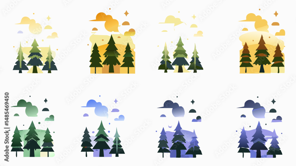 Aufkleber illustrations of stylized pine trees under different skies and color schemes in a grid pattern desig