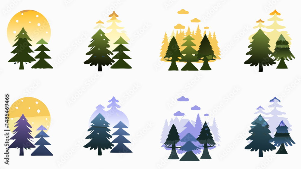 Aufkleber illustration showing multiple stylized pine tree groups with varying color palettes and background e