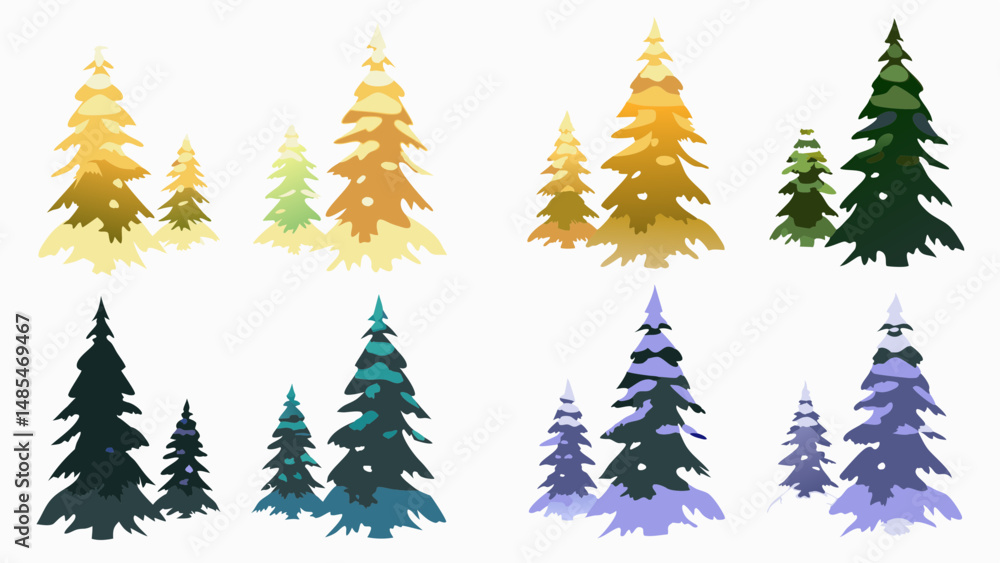 Aufkleber illustration of various christmas trees in different colors and sizes arranged in a grid pattern des