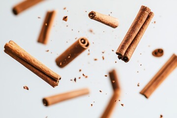 Cinnamon sticks suspended in mid-air, scattered with ground cinnamon, against a light background