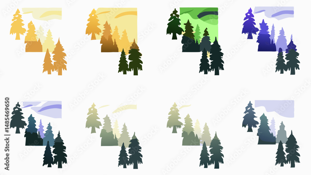 Aufkleber illustration showing multiple forest scenes with trees and backgrounds in different color palettes a
