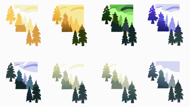 Illustration showing multiple forest scenes with trees and backgrounds in different color palettes and styles
