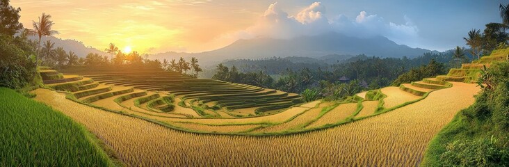 Fototapeta premium Scenic view of golden rice terraces under a rising sun with lush palm trees and foggy mountains in the background creating a peaceful and serene atmosphere