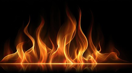 Fiery flames against a dark background.  Detailed illustration of orange and yellow flames rising from a horizontal base, reflecting on a dark surface