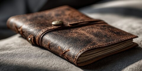 Luxurious Brown Leather Journal Notebook on Soft Fabric Couch