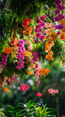 Naklejka premium Colorful Hanging Orchids Among Lush Tropical Ferns. Cascading orchids in shades of pink, orange, and yellow hang gracefully among tropical ferns in a vibrant jungle garden scene.