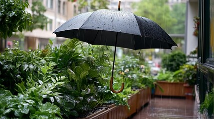 A black umbrella in the rain over lush green plants and flowers in raised garden beds on a patio