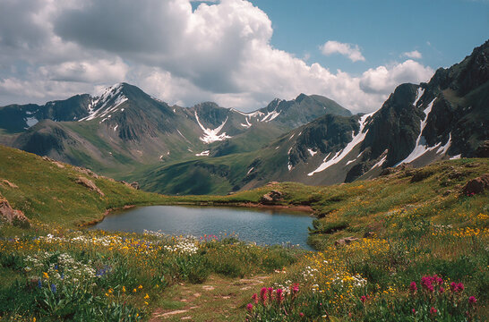 Scenic mountain landscape with a lake nestled amidst rolling green hills and colorful wildflowers