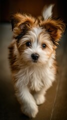 Playful young dog with fluffy fur and big eyes.