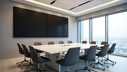 Modern Conference Room Design Sleek Interior with Large Screens and Panoramic City Views